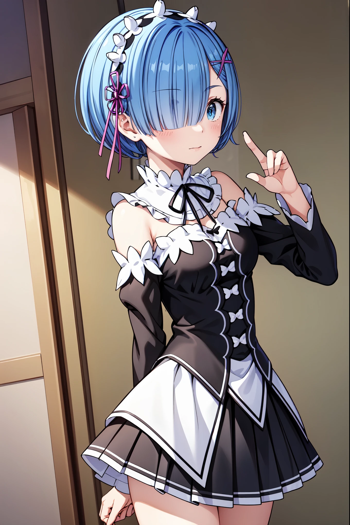1girl,solo,rem (re:zero),blue hair,x hair ornament,short hair,hair ornament,blue eyes,maid,looking at viewer,ribbon,maid headdress,long sleeves,dress,roswaal mansion maid uniform,smile,hair ribbon,breasts,puffy sleeves,frills,apron,bangs,closed mouth,black ribbon,pink ribbon,blush,medium breasts,black dress,juliet sleeves,flower,hair between eyes,red ribbon,waist apron,traditional media, giving middle finger