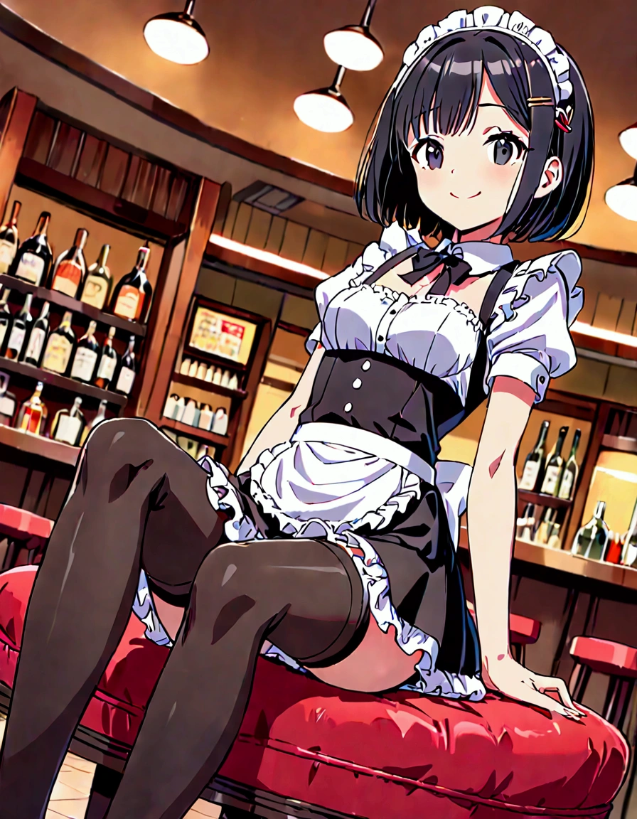 ( best quality ), (beautiful), (masterpiece), ( anime style:1.2), ( petite girl:1.3), Alone,  black hair short,  bob cut, (amount:1.2), ( Hairpin in the center of the bangs :1.3),  BLACK EYES, Slender body, medium hip, smile,  upper body above the knee ,  classic maid costume, Short sleeve shirt,   miniskirt ,  stockings,  maid headband in front of the restaurant,  sitting on a round cushion , Stretched my legs,  free angle shot , 