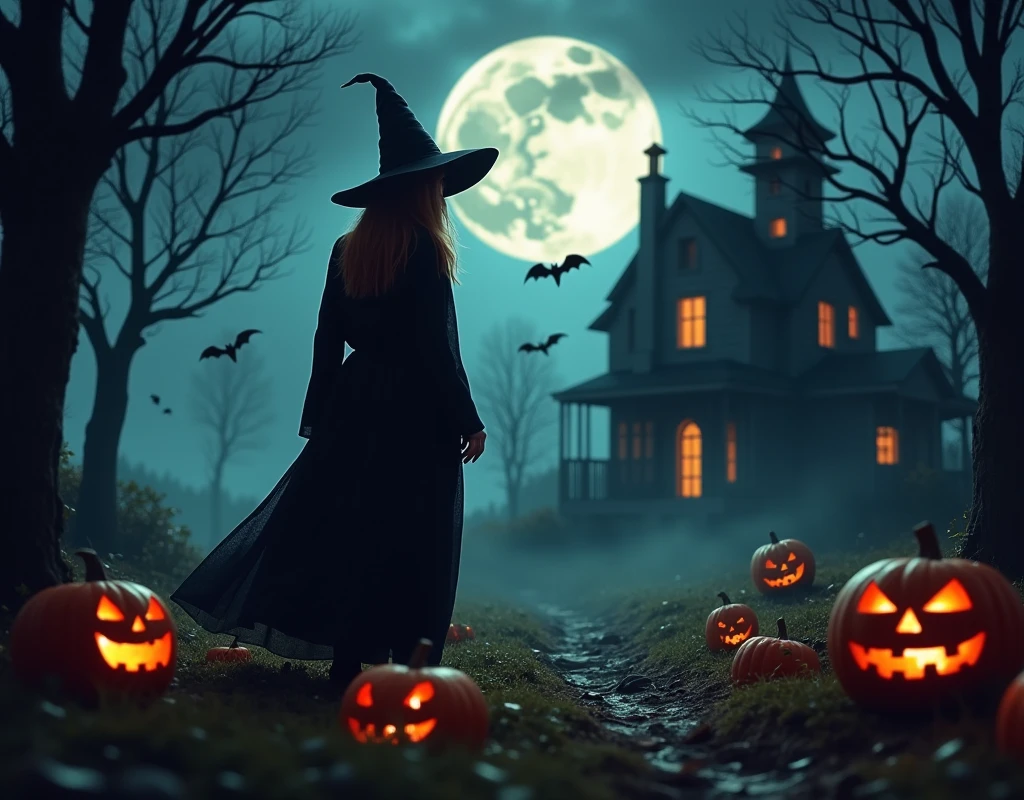 a witch in a spooky forest, pumpkins, full moon, bats, haunted house, dark clouds, scary trees, fog, eerie atmosphere, creepy insects, (best quality,4k,8k,highres,masterpiece:1.2),ultra-detailed,(realistic,photorealistic,photo-realistic:1.37),gothic horror,dark fantasy,dramatic lighting,moody colors,dramatic shadows