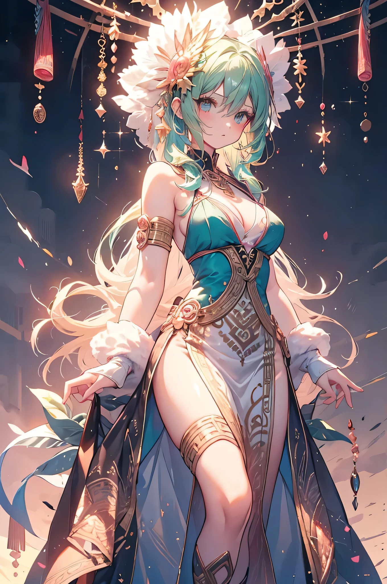 Anime girl with long white hair and dark blue eyes wearing a flowy dress that follows her movements with bangles and bracelets on her wrist and a veil on her head while wearing bright decorations