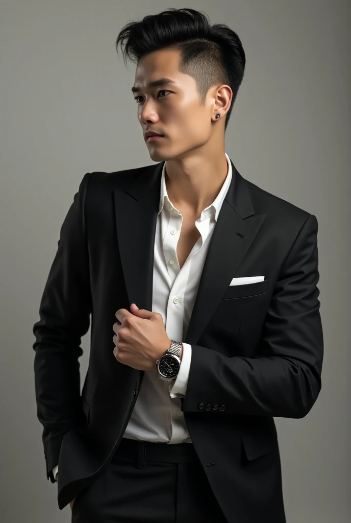 Asian man, 30years old, Handsome and elegant, Wearing a  uniform, sexy , Masculine and handsome，musculous，Muscles look good，hairy bodies, with fair skin, 黑The eye（thin eyes 1：3), Full body photo,(ultra-detailed, photorealistic, best quality, 4k, 8k, highres, masterpiece:1.3), a mature man, charming and distinguished , He has thick neatly combed silver hair, (muscular build body), wearing tailored white dress shirt, with the top button casually undone, dark navy blazer, perfectly fitted charcoal trousers, sweat, unbutton buttons shirt, lewd face ,tight chest, sex,See-through shirt, erotic, horny, penis, mouth open and tongue out, look straight, Accessories include a luxury wristwatch, understated cufflinks, and a simple yet elegant leather belt,