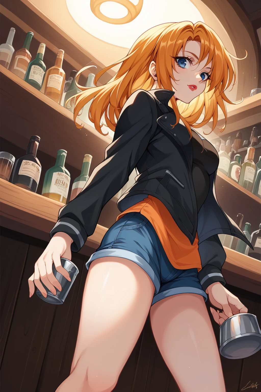 score_9, score_8_below, 1 girl, Alone, Long blonde hair, blue eyes, lipstick, orange hair, cups, ((( black jacket and tight denim shorts))), attractive thighs,  exposed legs , cowboy shot, bar