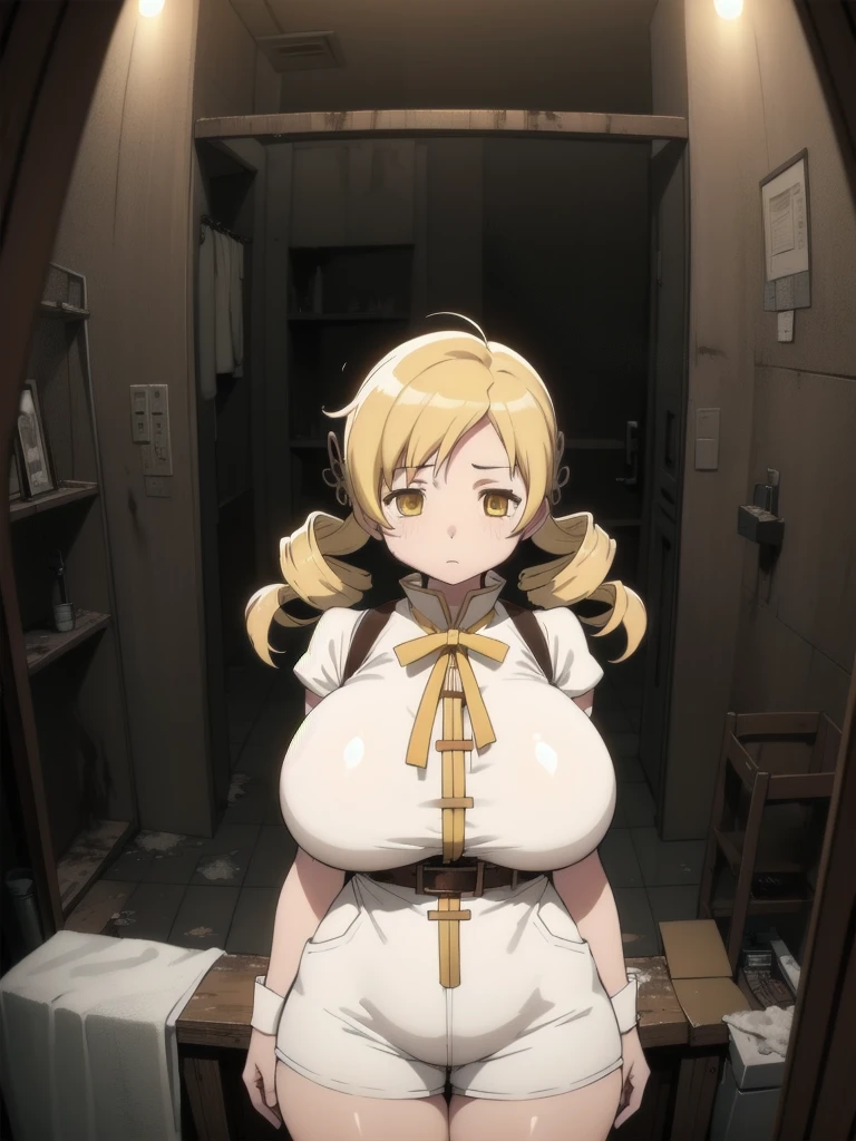  (best quality),1girl,(solo),mami tomoe,HD,sharp,beautiful and detailed,curvy,mature woman,thick body,((huge breasts)),shiny skin,thick thighs,wide hips,white shorts,indoor,standing,back view,cowboy shot,in the abanndoned factory,ruin bathroom,filthy room,dirty background,volumetric lighting,