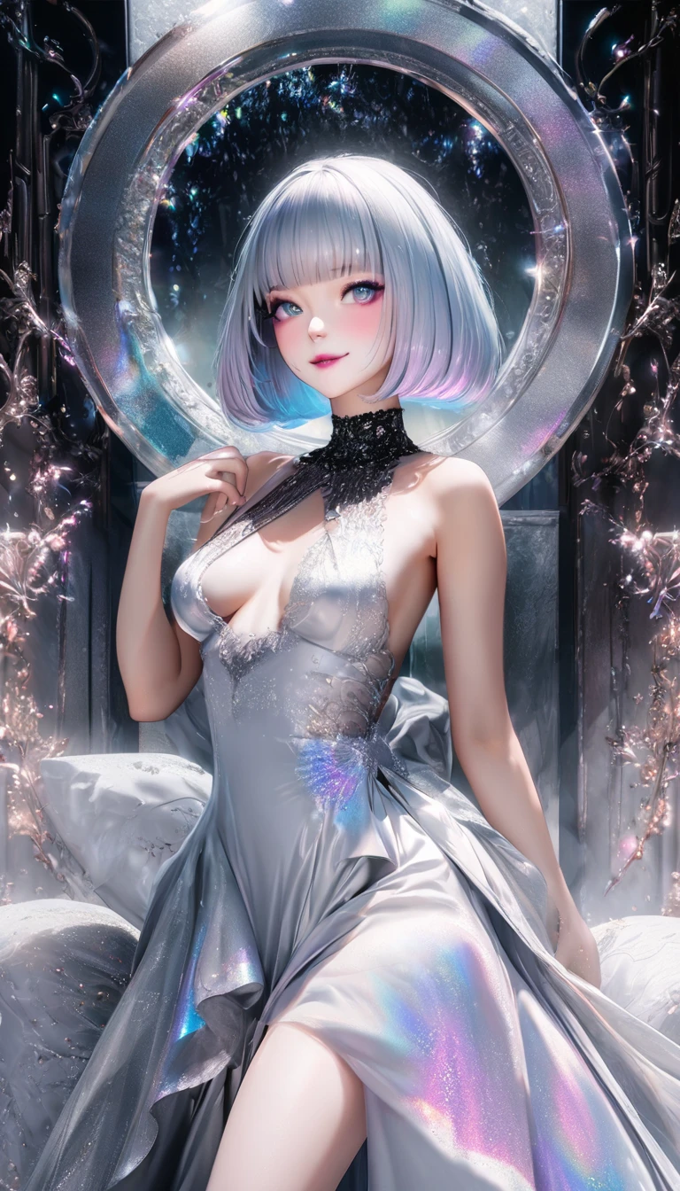 Kizi,(enchanced quality:1.4),(Top quality true texture skin), Delicate face,Black hair, Gradient hair, Petite body,(perfect bodies:1.1), There are precious stones on the forehead, rimless eyewears, Sparkling pupils,long eyelasher,grin, hyper photorealism, Cinematic lighting, projected inset, surrealism, hyper HD, Masterpiece, 16K quality,Lie down,dream on,Wear transparent silk pajamas,Carmelto,Legs slightly open,Foot shaking,Tattooed with,Fantasy space,Luxurious space,Visible all over the body,Sticking out the tongue,Teasing seductive,C cup,Extremely cute,Cleavage is seductive,Pornistic,Fascinating,in heat。