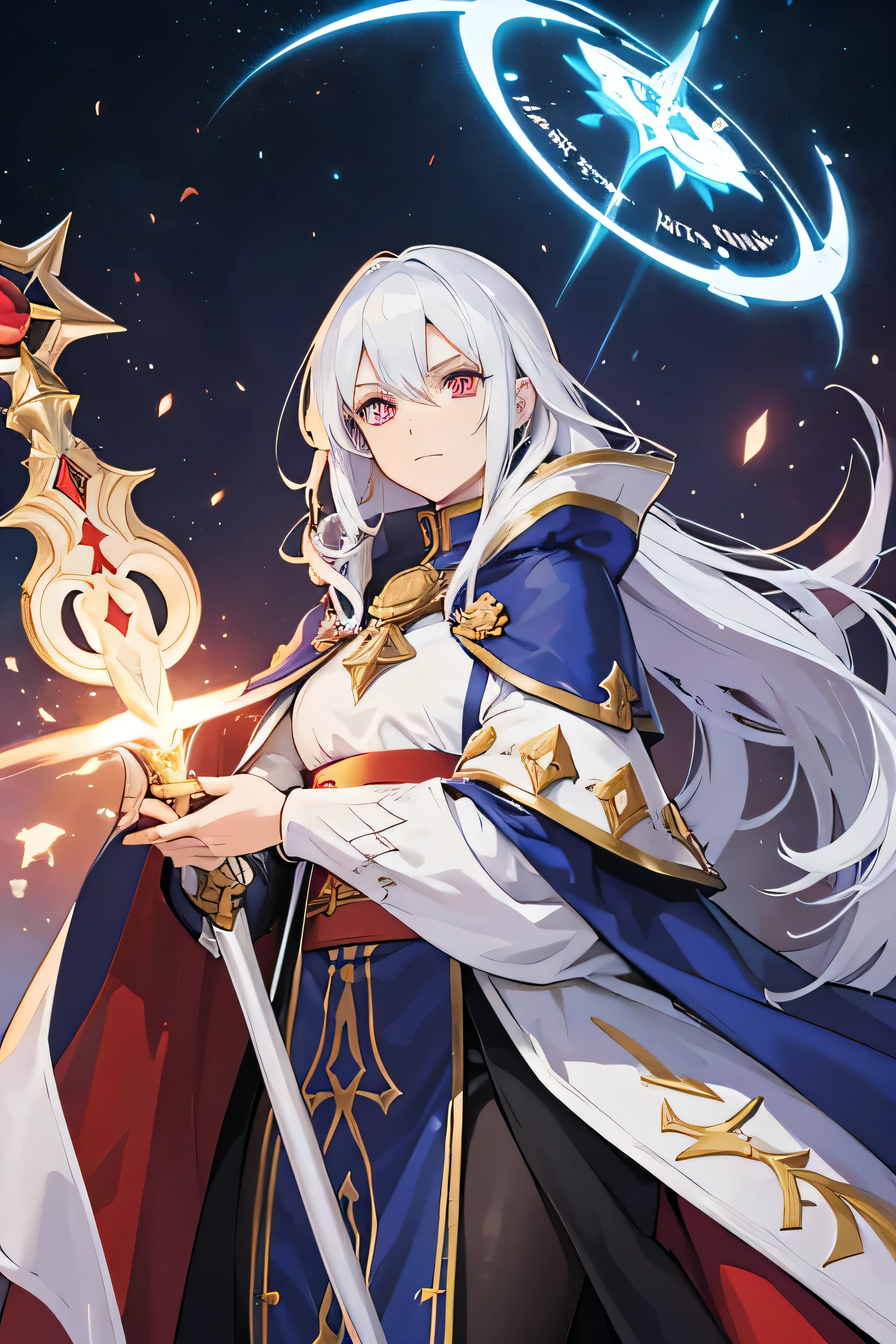 a woman in a cape holding a magic staff and a book, female cleric, female mage, female protagonist, pretty female cleric, dressed like a cleric, cleric, guilty gear art style, edelgard light emblem, with cape, as a badass monster hunter, as a dnd character