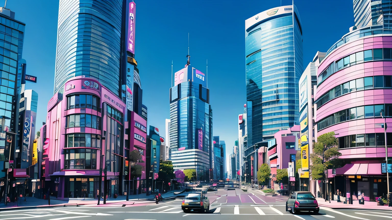  Shibuya cityscape 　 no one　noon　sunny　blue sky　cloud　Main Street　 taxi is parked at the end　Sidewalk left and right 　Future City　Car of the Future　Future Buildings　The building is pink, purple, and blue