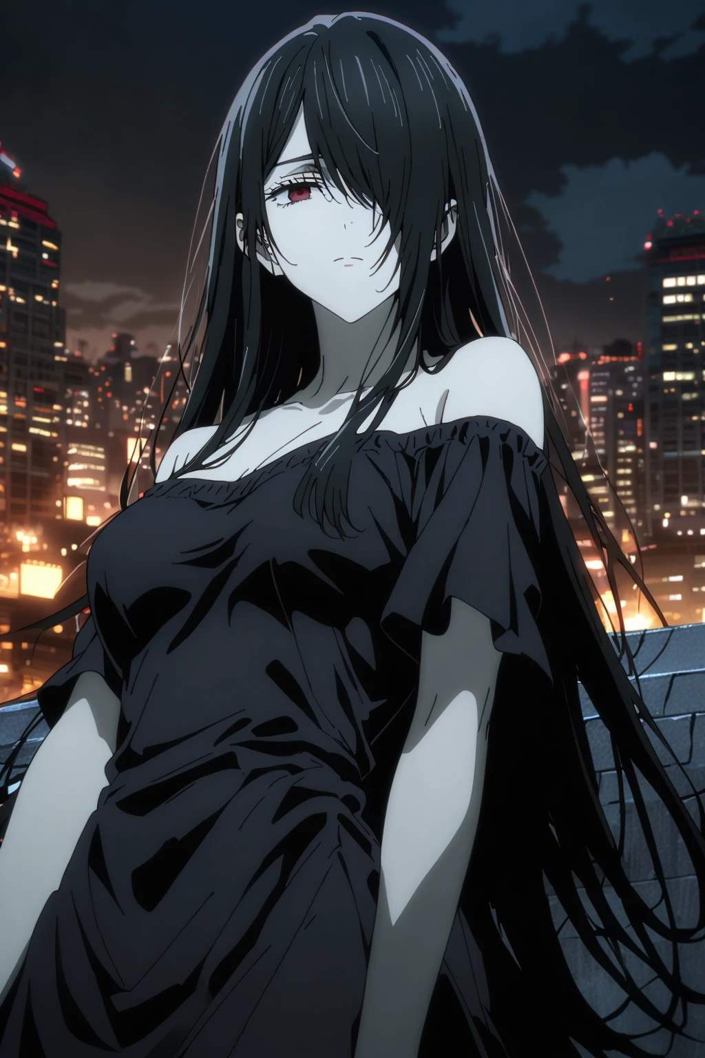 front view, cowboy shot, sitting on top of building, 1girl, solo, small smile, shy, cute, red eyes, empty eyes, expressionless eyes, ((black hair)), very long hair, straight hair, ((hair over right eye, swept bangs:1.5)), petite, ((large breasts)), pale skin, slender, curvy, (long off-shoulder black dress), (detailed beautiful face and eyes), absurdres, highres, ultra detailed, HDR, anime screencap, official art, jujutsu kaisen style, night view, city background, (moody lighting), (masterpiece, 8k, best quality:1.3), (SuperQuality:1.0) ~ (SuperQuality:1.2)