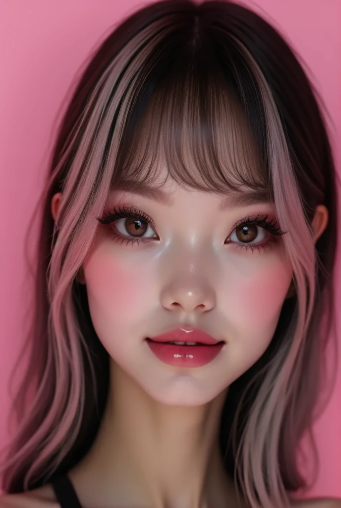 ((Very realistic)), ( super realistic)、 very realistic images , white back drops ,,15-year-old female、 blond hair , hide your forehead with bangs , white silver eyes ,Long False Eyelashes, clear eyeliner 、Thick lips, MOISTURIZED DRIP DYED WITH CLEAR LIP BALM、 open the center of your lips 、 very detailed lips, Big Mouth, A little smile, fluffy, shiny lips with lip balm 、Pale pink lips , Clear Lip Gloss、 WHITE OFF SHOULDER tops ,pleated skirt,Black tights, Full Body Portrait , 