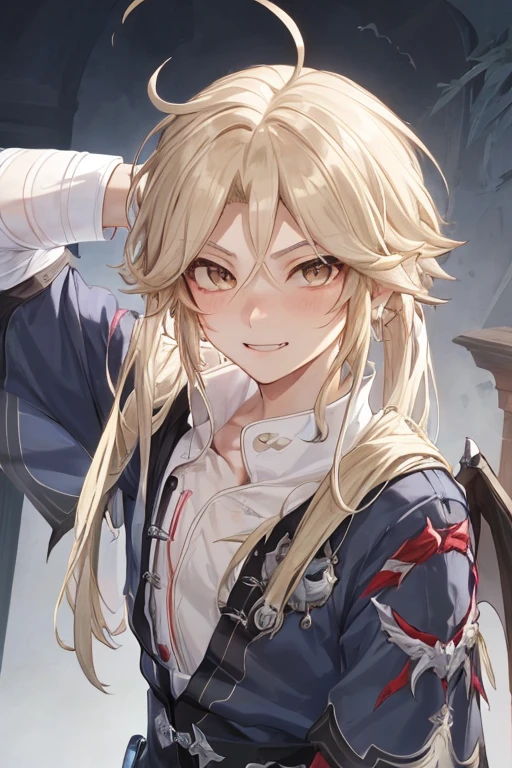 man, chico, boy, man, young, attractive, handsome, Alone, blonde hair, blue eyes, fringe, long hair tied, messy hair,  straight hair , tied hair, smile, tsundere, vampire, vampire, fangs, Fangs,  bat wings, wings,  Hair between eyes .  High Resolution , HD model,  tall details , The best quality,, shy, smile ligera, Serious, blush