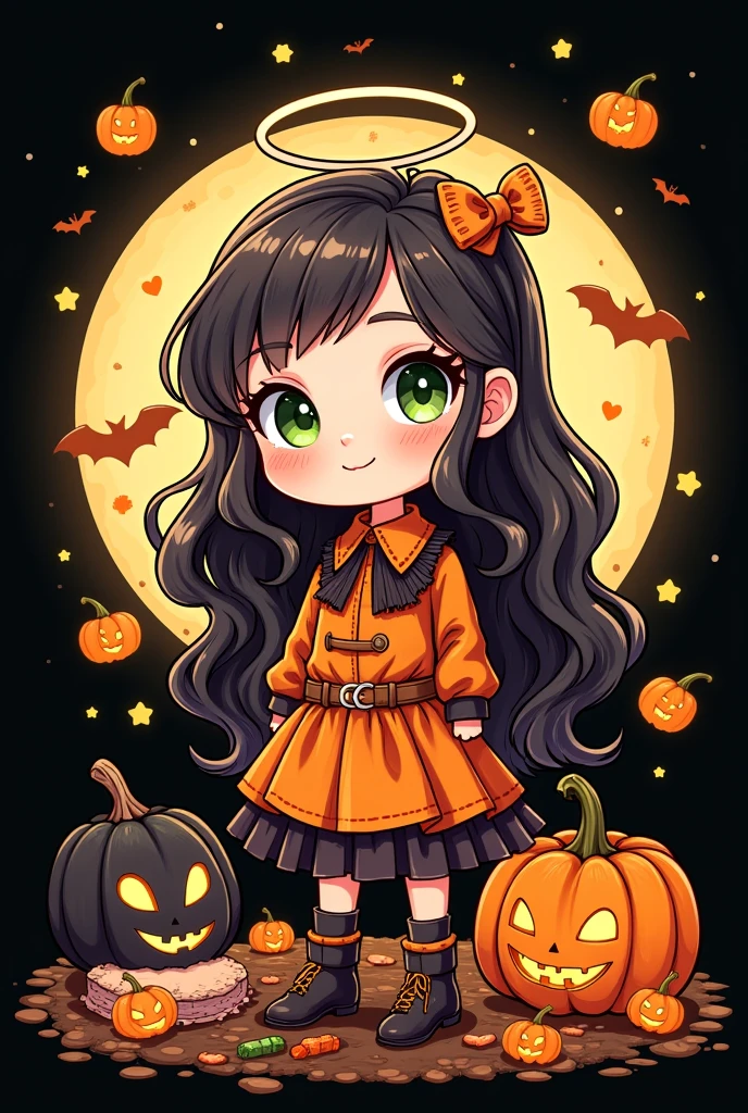 Cartoon illustration style, avatar design, Monet, Rococo, line illustration, hand-drawn illustration, Halloween, Halloween themed Candy Monste, Halloween decoration, fun, chibi style, adorable cute art style, warm, black with 🦇  and moon background. Tittle name Over : Halloween da Angel****nha. The girl with hair more long and green eyes. 