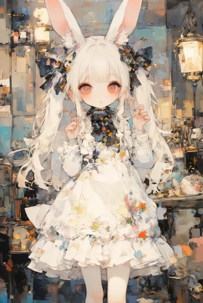 faded watercolor picture of  a girl\(white hair,very long hair,bangs,ear\(fluffy white bunny-ear\), bunny tail,red eye,big eye,beautiful shiny eye,skin color white,big hairbow,white frilled dress,breast,full body\),background\(in the train\), desaturate, intricate sketch,