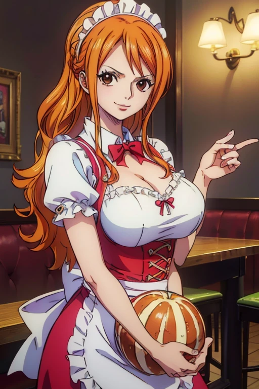  (Masterpiece,Best Quality, 4K, 8k,  Kampala, masterpiece:1.2), Super detailed, (Realistic, photoRealistic, photo-Realistic:1.37) ,Generate an anime style for Nami in One Piece,Must be made in an anime style,Her hair is bright orange, Beautiful Hair型, beautiful detail in the eye, (Realisticな肌), Beautiful Skin, Beautiful lipstick,Beautiful Lips, Charming,smile,Cute expression, beautiful brown eyes,Beautiful Hair ,Large Breasts,I work as a waitress in a daytime restaurant,Carrying food,Waitress Outfit,アートスタイルはCharmingなアニメスタイルに似ている, rendering,Add HDR for better visual effects , 超 Kampala,  Studio Lighting , Ultra-fine painting, Sharp focus, 物理ベースrendering, professional,  bright colors,(((Best Quality))), ((Super detailed)),((masterpiece:1.5)), Detailed Photos, (Best Quality: 1.4), 超 Kampala, High image quality,Perfect fingers,Perfect limbs,Perfect Fingers