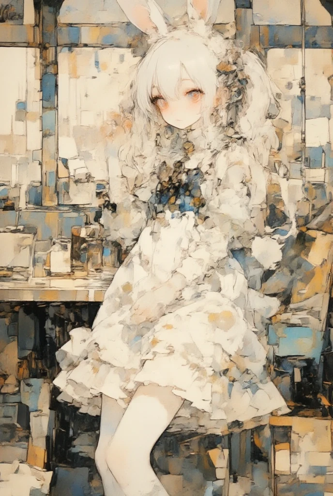 faded watercolor picture of  a girl\(white hair,very long hair,bangs,ear\(fluffy white bunny-ear\), bunny tail,red eye,big eye,beautiful shiny eye,skin color white,big hairbow,white frilled dress,breast,full body\),background\(in the train\), desaturate, intricate sketch,