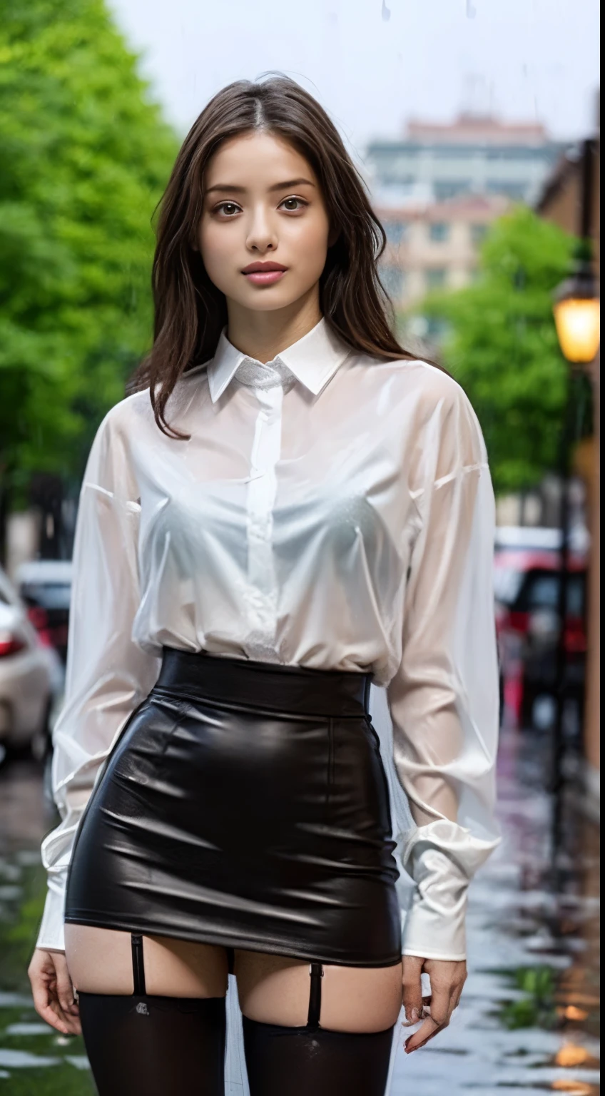 woman in a white shirt and a black leather skirt, clothed in white shirt, belts, knee-high boots, curvy model, beautiful model girl, perfect body, sexy girl, wearing tight shirt, lovely woman, brown hair and a perfect body, very attractive and beautiful, beautiful girl model, tight shirt, beautiful body and face, beautiful goddess, wearing leather skirt, open shirt