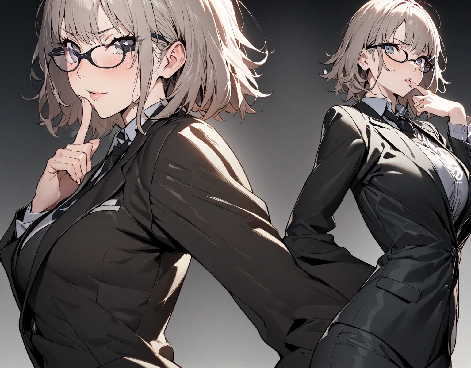 one girl, five fingers, High quality, Ultra-high resolution, High-definition illustrations, Masterpiece, extremely detail, housewife, Business suits, glasses, beautiful body, beauty breasts, Medium breasts, point at viewer, contrapposto, finger to mouth, 4fingers and 1thumbs