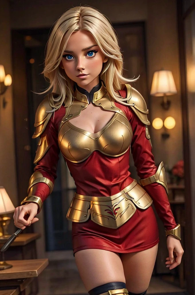 Blonde sexy girl , wearing a sexy red and gold hero armor, clothing
