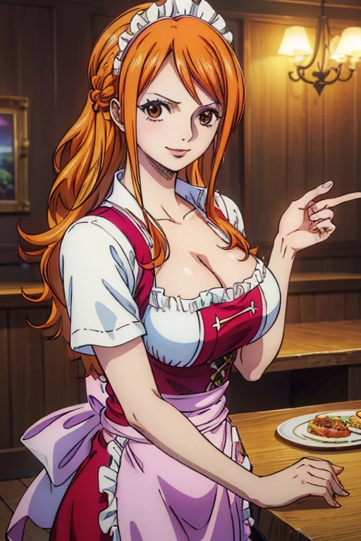  (Masterpiece,Best Quality, 4K, 8k,  Kampala, masterpiece:1.2), Super detailed, (Realistic, photoRealistic, photo-Realistic:1.37) ,Generate an anime style for Nami in One Piece,Must be made in an anime style,Her hair is bright orange, Beautiful Hair型, beautiful detail in the eye, (Realisticな肌), Beautiful Skin, Beautiful lipstick,Beautiful Lips, Charming,smile,Cute expression, beautiful brown eyes,Beautiful Hair ,Large Breasts,I work as a waitress in a daytime restaurant,kitchen,Cooking,Waitress Outfit,アートスタイルはCharmingなアニメスタイルに似ている, rendering,Add HDR for better visual effects , 超 Kampala,  Studio Lighting , Ultra-fine painting, Sharp focus, 物理ベースrendering, professional,  bright colors,(((Best Quality))), ((Super detailed)),((masterpiece:1.5)), Detailed Photos, (Best Quality: 1.4), 超 Kampala, High image quality,Perfect fingers,Perfect limbs,Perfect Fingers