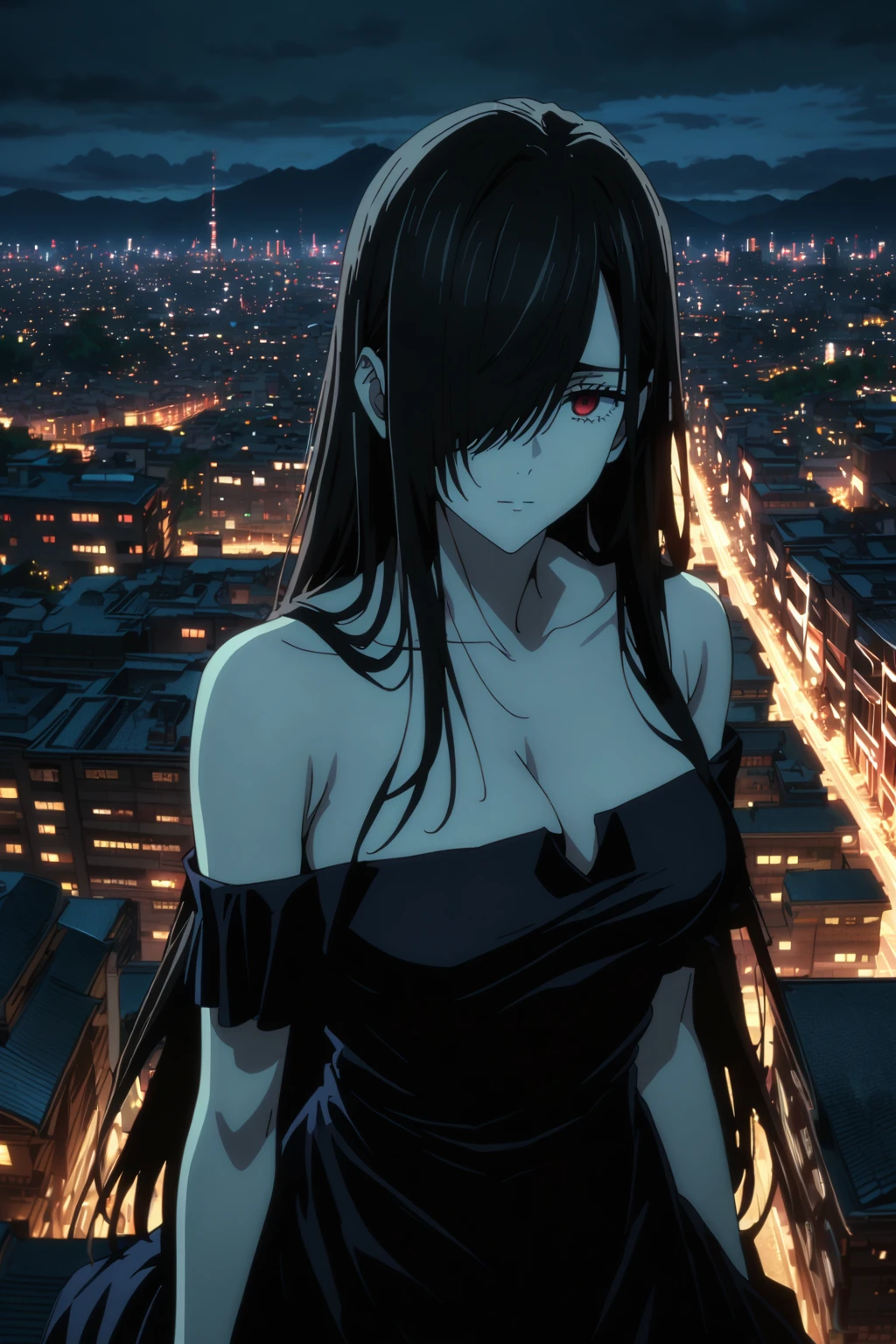 front view, cowboy shot, sitting on top of building, 1girl, solo, small smile, shy, cute, red eyes, empty eyes, expressionless eyes, ((black hair)), very long hair, straight hair, ((hair over right eye, swept bangs:1.5)), petite, ((large breasts)), pale skin, slender, curvy, (long off-shoulder black dress), (detailed beautiful face and eyes), absurdres, highres, ultra detailed, HDR, anime screencap, official art, jujutsu kaisen style, night view, city background, (moody lighting), (masterpiece, 8k, best quality:1.3), (SuperQuality:1.0) ~ (SuperQuality:1.2)