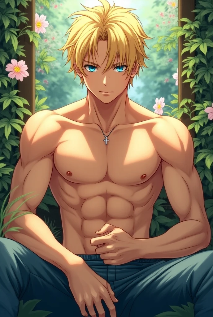 Femboy, blonde hair, blue eyes, shirtless, smooth chest, black short shorts, thick thighs
