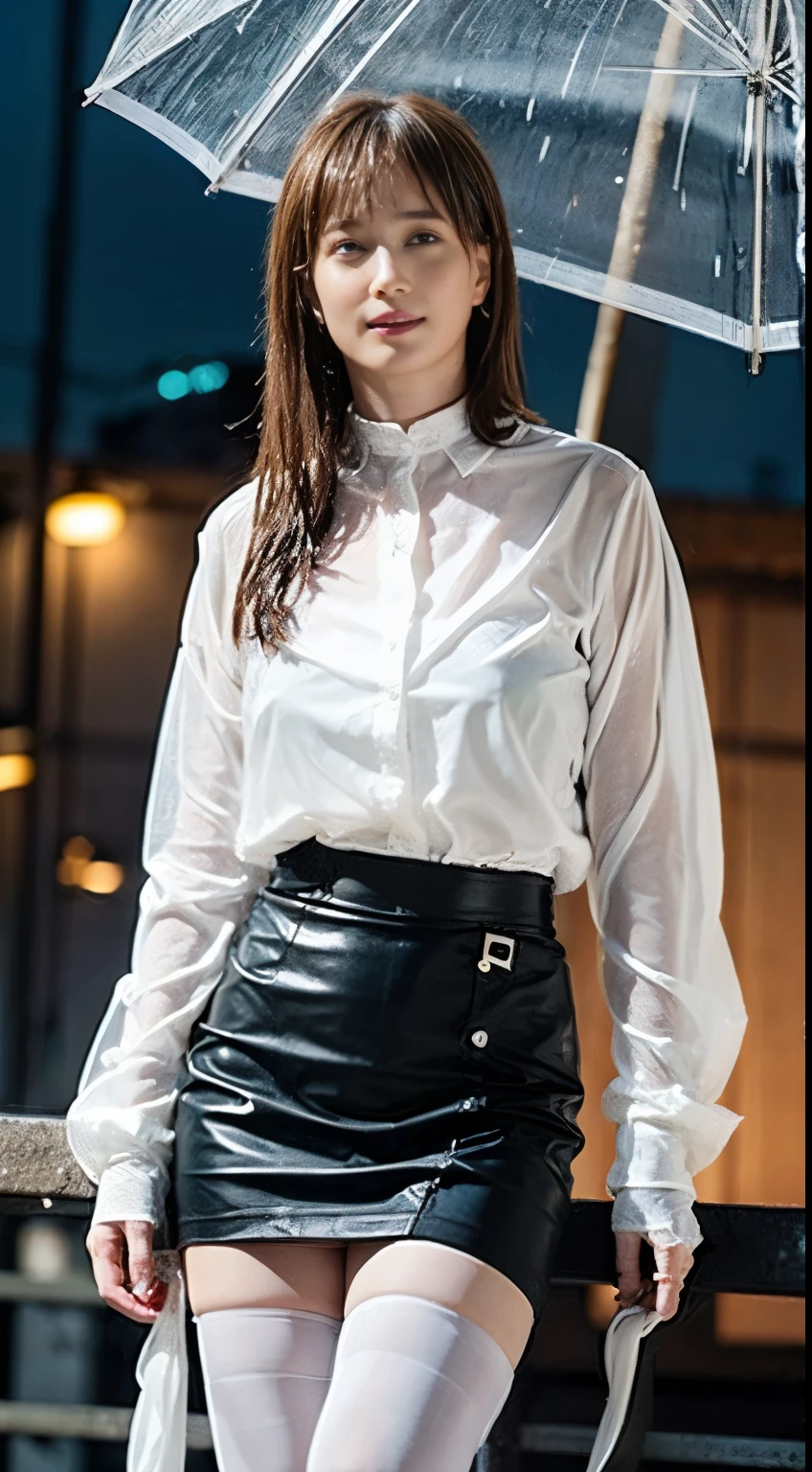 (( REALISTIC LIGHTING ,  best quality , 8k, masterpiece: 1.3)), concentrated: 1.2,  1 girl , Perfect beauty: 1.4,  slim abs : 1.1, (Big Breasts), (Rainy See-Through White Shirt : 1.4), ( outdoor ,  Knight : 1.1), ( Super Long Short White Sheer Pencil Skirt)，  city street, Soup Face,  beautiful eyes,  double eyelids , ( black stockings above the knee : 1.5), (Wet in the Rain, Wet: 1.2)