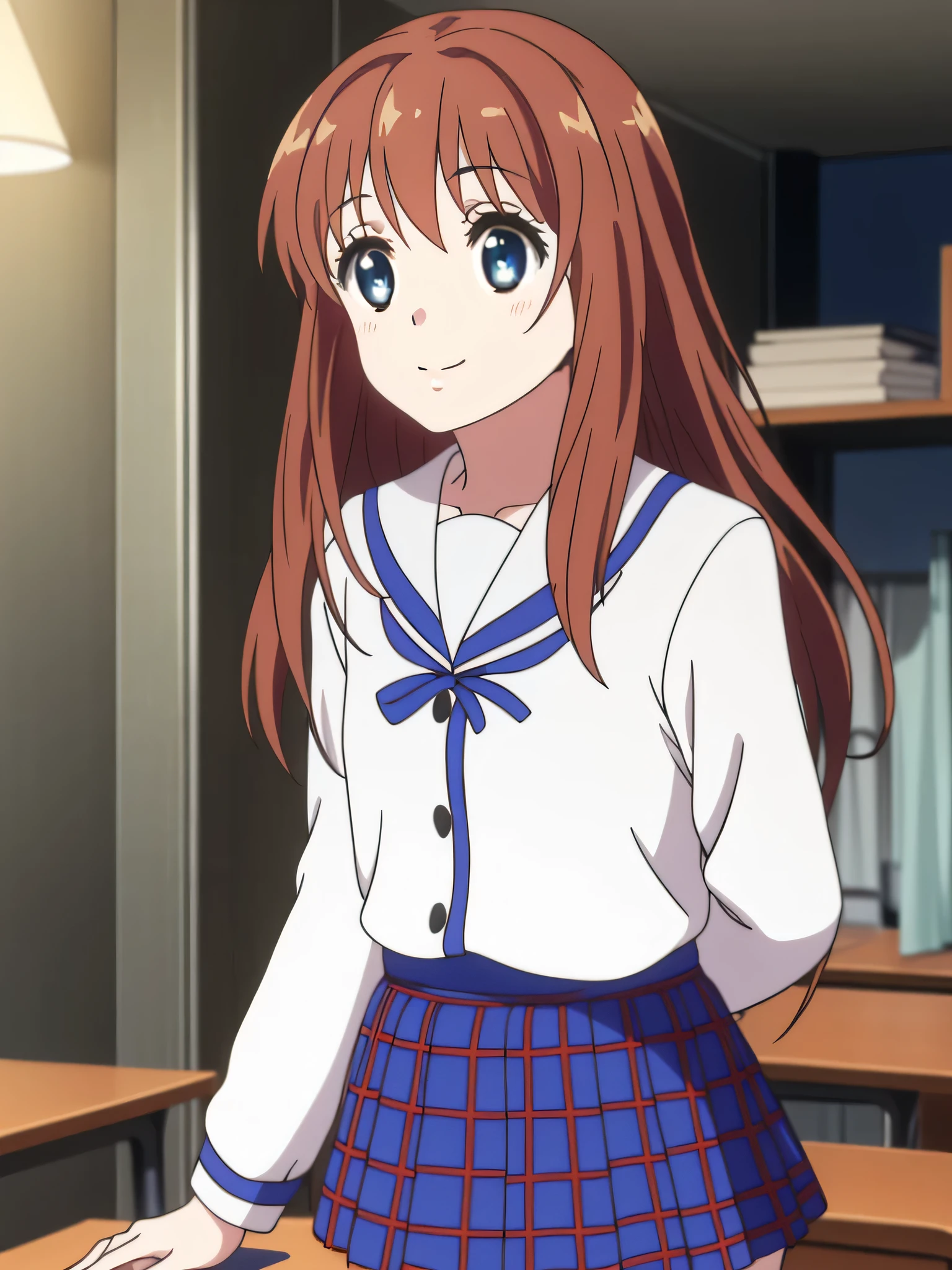 Ai shindou, 1girl, solo, long hair, floating hair, blue skirt, blue uniform, brown hair, long sleeves, blue sea eyes, staring to the side,with smile, happy-go-lucky expression, plaid skirt, ribbon, cowboy Shot, limp body on her desk
School Desk in the room,
masterpiece, high quality, very_high_resolution, large_filesize, full color,