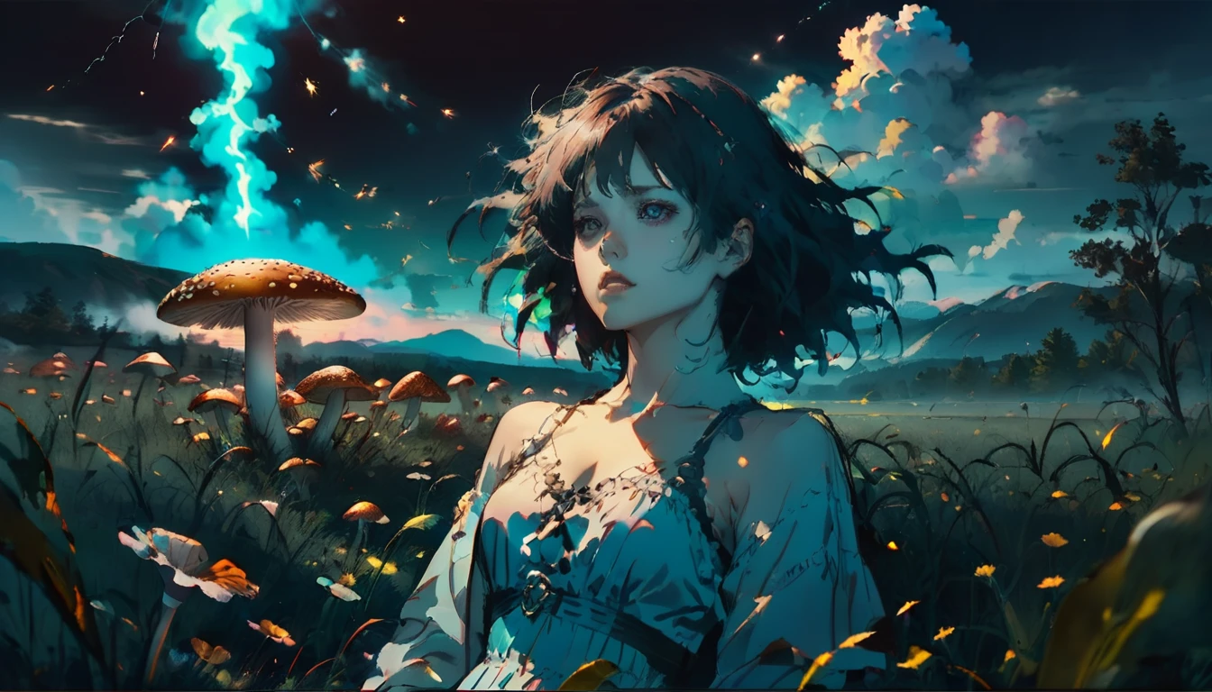 did vaporwave style, solo, beautiful nude woman laying in a field of mushrooms with smoke trailing of into a surreal night sky, fireflies, glowing, simple background, glitching, smoke surrounding her, full body, view from above, dynamic angle, dynamic lighting 
