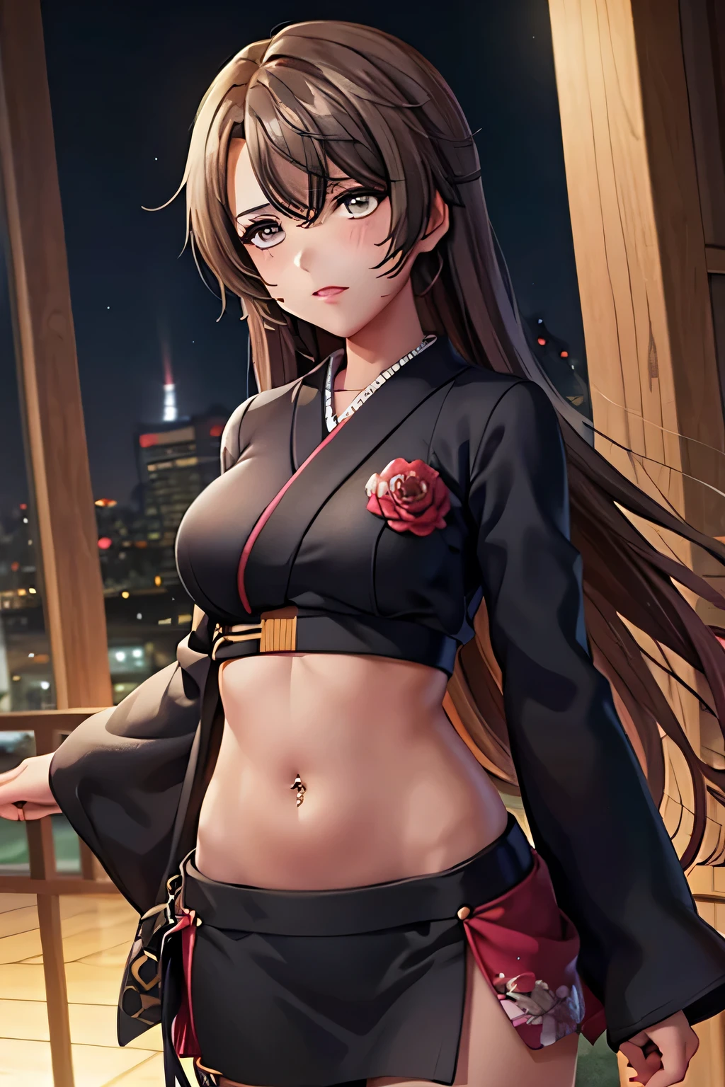 Kimono, stomach, navel piercing, brown skin, blonde hair, micro skirt, midriff, breast, super fine illustration, vibrant colors, masterpiece, best quality, depth of field, cinematic lighting, ultra detailed, long sleeves, tummy, 1 woman, solo, milf, slender, full face blush, mature female, tall woman, dark hair, long hair, curly hair, medium breast, belly button, tample
