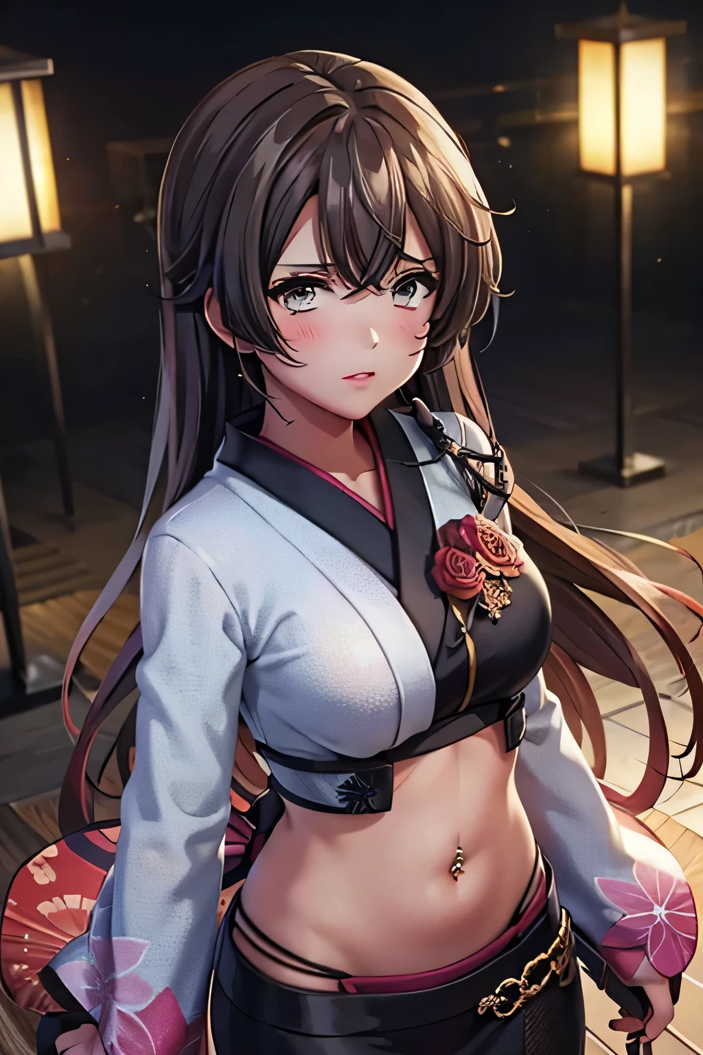 Kimono, stomach, navel piercing, brown skin, blonde hair, micro skirt, midriff, breast, super fine illustration, vibrant colors, masterpiece, best quality, depth of field, cinematic lighting, ultra detailed, long sleeves, tummy, 1 woman, solo, milf, slender, full face blush, mature female, tall woman, dark hair, long hair, curly hair, medium breast, belly button, tample
