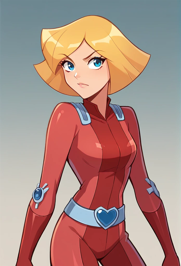 1girl, solo, clover \(totally spies\), blonde hair, short hair, blue eyes, red bodysuit, belt,