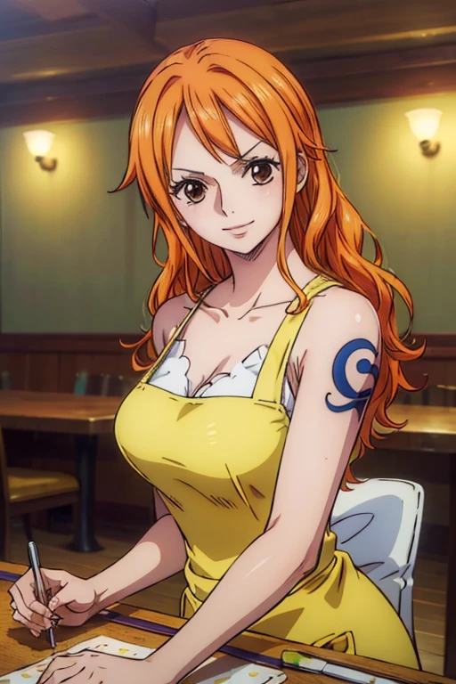  (Masterpiece,Best Quality, 4K, 8k,  Kampala, masterpiece:1.2), Super detailed, (Realistic, photoRealistic, photo-Realistic:1.37) ,Generate an anime style for Nami in One Piece,Must be made in an anime style,Her hair is bright orange, Beautiful Hair型, beautiful detail in the eye, (Realisticな肌), Nami tattoo on left shoulder,Beautiful Skin, Beautiful lipstick,Beautiful Lips, Charming,smile,Cute expression, beautiful brown eyes,Beautiful Hair ,Large Breasts,I work as a waitress in a daytime restaurant,Use a frying pan in the kitchen to make egg dishes,Waitress Outfit,アートスタイルはCharmingなアニメスタイルに似ている, rendering,Add HDR for better visual effects , 超 Kampala,  Studio Lighting , Ultra-fine painting, Sharp focus, 物理ベースrendering, professional,  bright colors,(((Best Quality))), ((Super detailed)),((masterpiece:1.5)), Detailed Photos, (Best Quality: 1.4), 超 Kampala, High image quality,Perfect fingers,Perfect limbs,Perfect Fingers