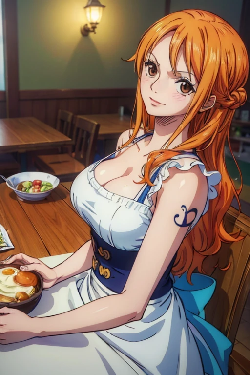(Masterpiece:1.4), (best quality:1.4), ultra highres,1girl,solo,extremely detailed,8k, beautiful, detailed eyes, Nami, sitting on the dining table, eating a plate of french fries, one piece art style
