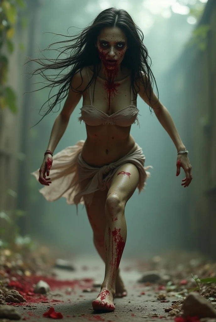 a desperate pretty young woman with white (wet torn dress) and (((bloody hands))), her face scratched, in a dark forest at( ((night))),full body photo, ((Best quality)), ((Meisterwerk)), (Detaillierte),