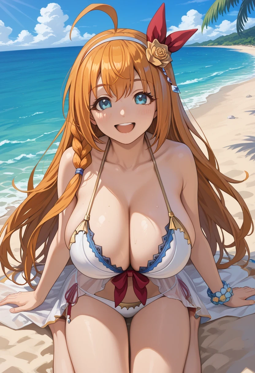 anime style, pov view, pecorine, mature female, blue eyes, big chest, bikini, hair ornament, long hair, orange hair, tiara, braid, hair braid, nude, lick lips, shaking, sit down and jumping at man body, very wet vagina sex, full cum, beach, Volumetric light, Volumetric particles,