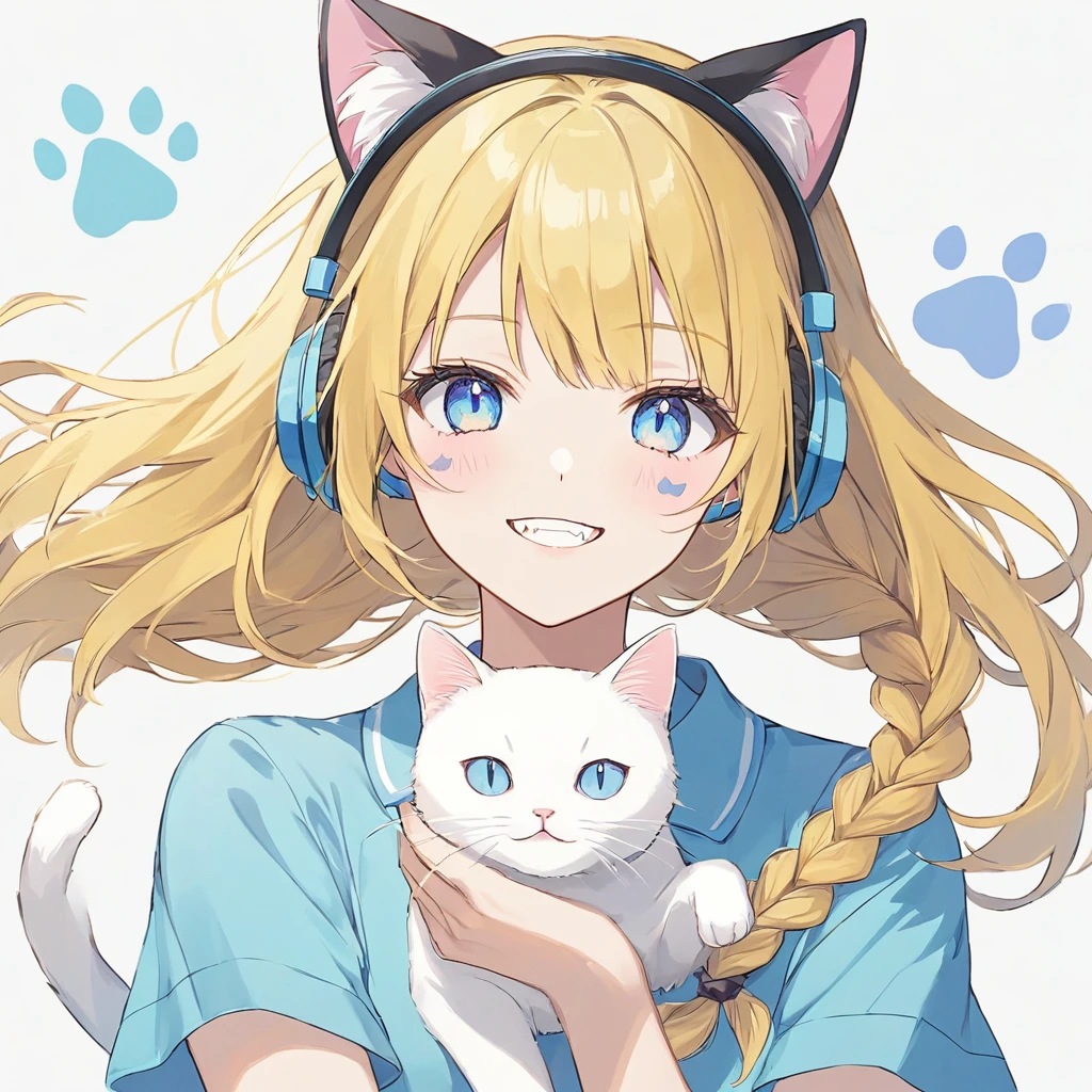 ((pastel))、One Woman,Look this way、smile, Headphones,Blue Shirt,cat mark,Jagged teeth,Yellow Hair, long hair, sideburns are braids,  braid,Cat ears,Blue eyes, Hold a white cat ,黒猫もHeadphonesを首にかける