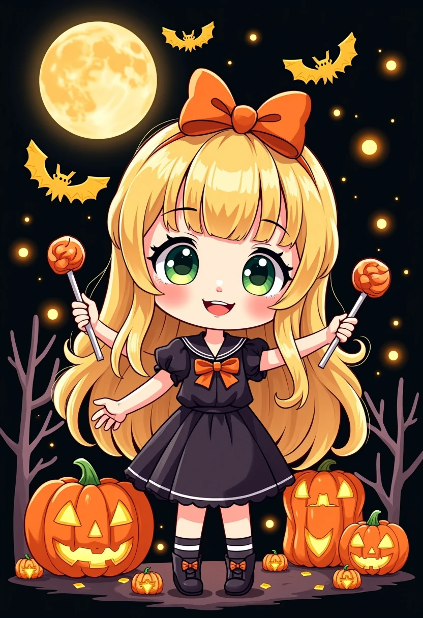 Cartoon illustration style, avatar design, Monet, Rococo, line illustration, hand-drawn illustration, Halloween, Halloween themed Candy Monste, Halloween decoration, fun, chibi style, adorable cute art style, warm, black with 🦇  and moon background. Tittle name Over : Halloween da Angellolinha. The girl with blonde hair more long and green eyes. 