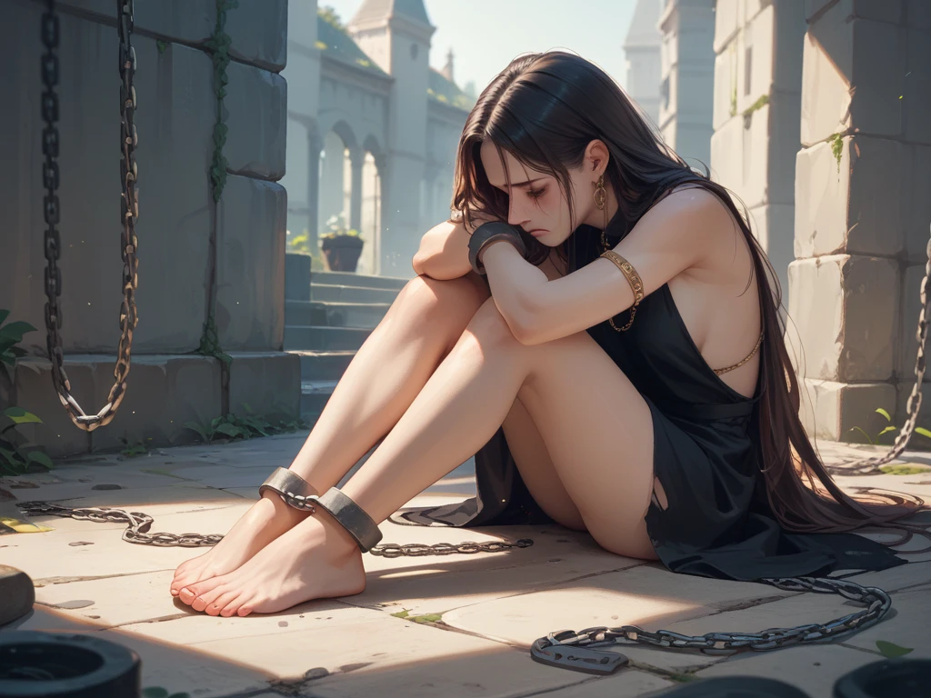 high detail, realistic, photorealistic:1.37, 8k, masterpiece:1.2, slavegirl, 18 year old, chained, naked, leaning towards wall, hands against the wall, feet wide apart