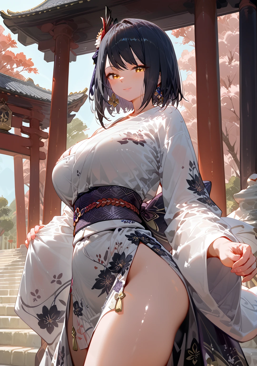 Highest quality, Highest quality, High quality illustrations, masterpiece, Ultra-high resolution, Detailed Background, Absurd, Perfect Anatomy, performance, Good lighting, Shadows in the movies, 1 girl, solo, Kujou Sara\(genshin_impact\), short hair, yellow eyes, black hair, breasts, large breasts, defined curves, alternate costume, looking at viewer, closed mouth, blush, smile, japanese clothes, white kimono, print kimono, floral print, hair flower, white flower, long sleeves, wide sleeves, jewelry, earrings, sash, obi, tassel, torii, standing, looking to the side, from side, outdoors, day, stairs, tree, architecture, east asian architecture, shrine, cowboy shot, gleaming, shiny, shiny skin, shiny outfit