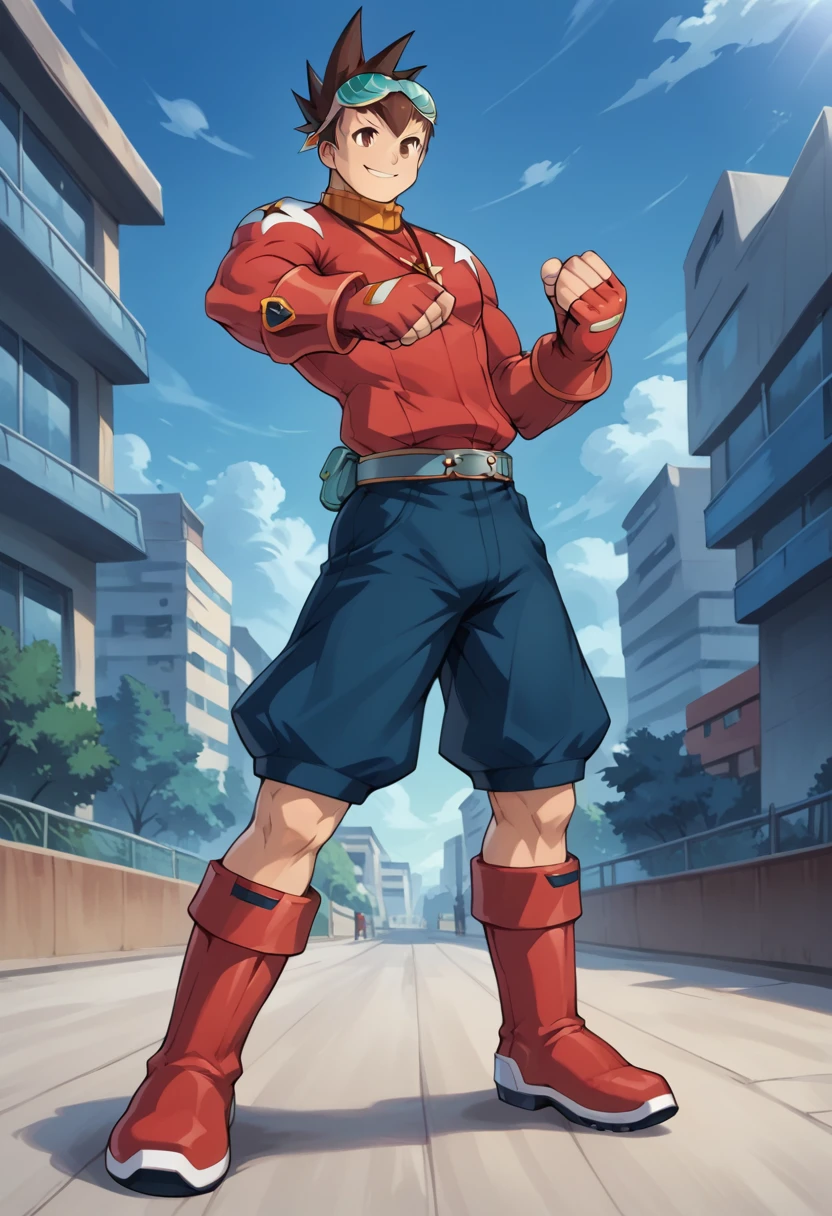 Highest quality,Best Quality, huge muscles, huge erect penis,score_9, score_8_up, score_7_up, score_6_up, detailed, intricate details,best quality ,source_anime,geo stelar , brown hair, brown eyes, goggles, red jacket, necklace, male focus, gloves, boots, fingerless gloves, full body, shorts, goggles on head, belt, spiked hair, smile, clenched hands, standing, knee boots, clenched hand, red gloves, blue shorts, turtleneck, legs apart, blue shorts, red boots, outdoors