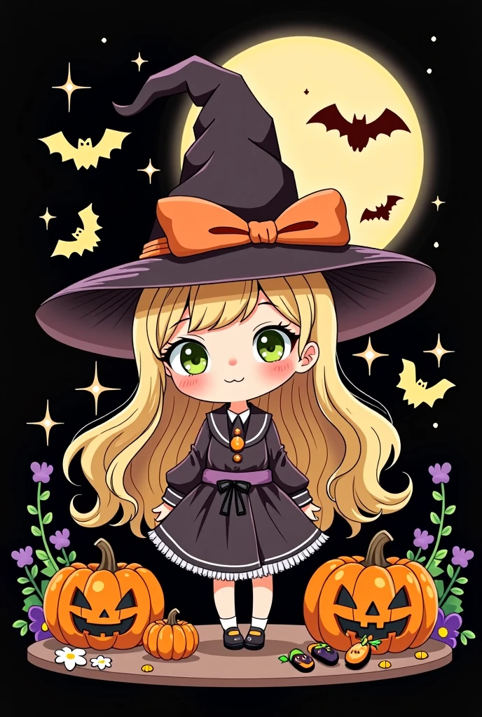 Cartoon illustration style, avatar design, Monet, Rococo, line illustration, hand-drawn illustration, Halloween, Halloween themed Candy Monste, Halloween decoration, fun, chibi style, adorable cute art style, warm, black with 🦇  and moon background. Tittle name Over : Halloween da Angel****nha. The girl with hair more long and green eyes. 