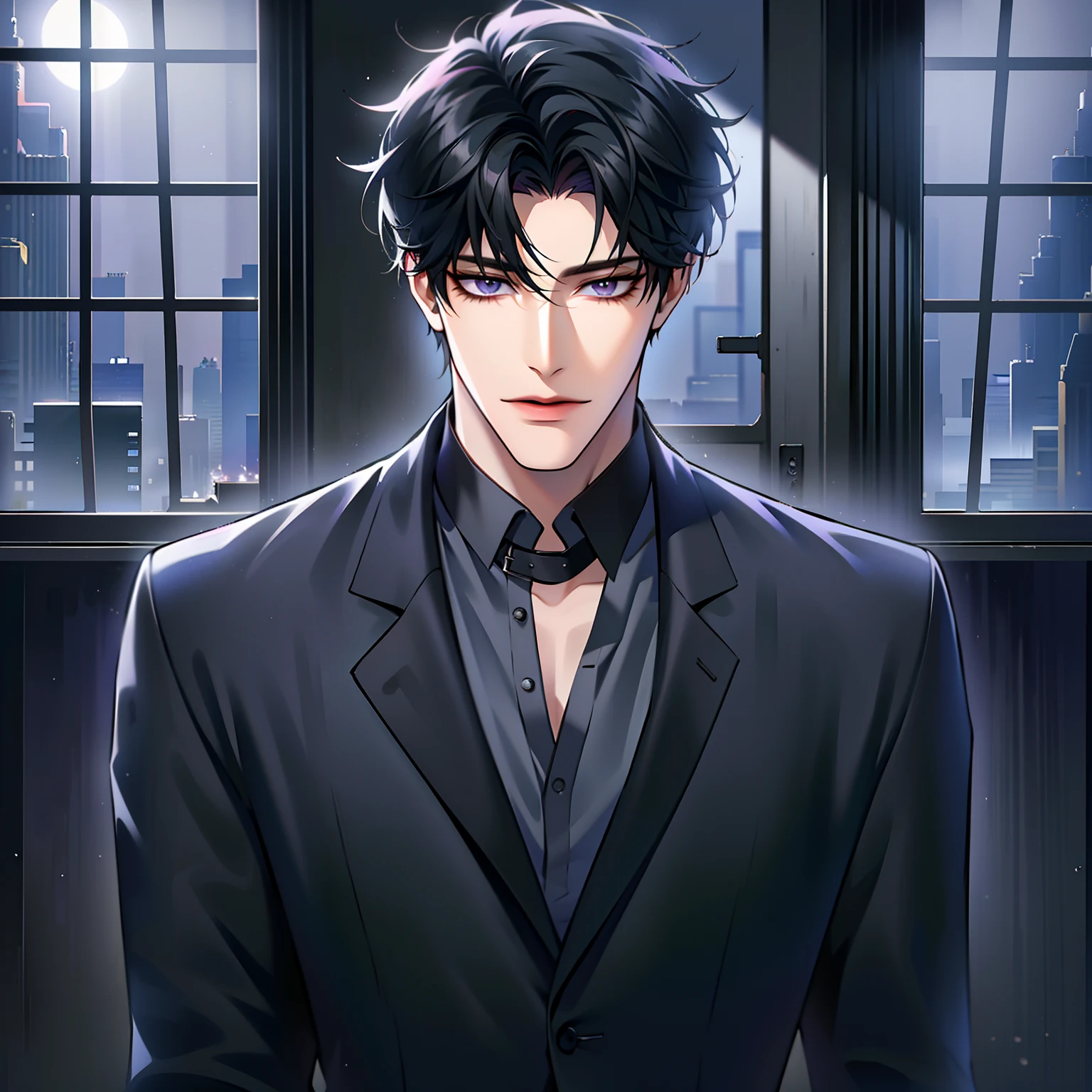 (masterpiece, 8k, high quality, best quality:1.6), 1boy, solo, short hair, black hair, asymmetrical fringe, purple eyes, handsome, sharp eyes, (mature male, mature:1.2), male focus, fashionable, tucked in open white collared shirt, gray pants, necklace, smile, long eyelashes, detailed face, beautiful detailed eyes, intricate details, detailed eyes, dramatic shadows, perfect anatomy, dark office, indoors, windows, moonlight, dark atmosphere