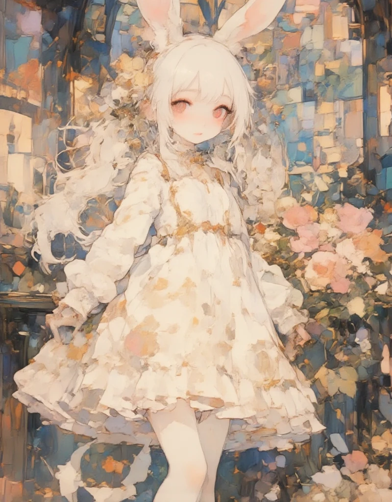 
faded watercolor picture of a girl\(white hair,very long hair,bangs,ear\(fluffy white bunny-ear\), bunny tail,red eye,big eye,beautiful shiny eye,skin color white,big hairbow,white frilled dress,breast,full body\),desaturate, intricate sketch,,,,,,,,,,,,,,(((old church background:1.3、Historic stained glass)))、smile gently、white wedding dress、((light pink lace pattern、White Block Dress、Very delicate and detailed embroidery、Golden artistic embroidery)), have a bouquet、bouquet、Tyndall effect, realistic, shadow studio, dual tone lighting, (high detail skin: 1.2)、薄dark lighting、dark lighting、 Digital single-lens reflex camera, photograph, High resolution, 4k, 8K, background blur,fade out beautifully、White world、white background