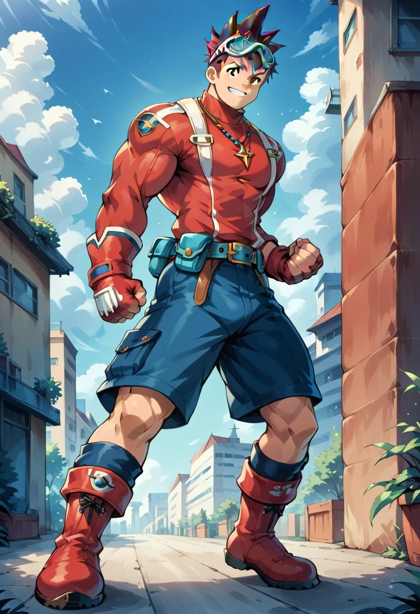 Highest quality,Best Quality, huge muscles, huge erect penis,score_9, score_8_up, score_7_up, score_6_up, detailed, intricate details,best quality ,source_anime,geo stelar , brown hair, brown eyes, goggles, red jacket, necklace, male focus, gloves, boots, fingerless gloves, full body, shorts, goggles on head, belt, spiked hair, smile, clenched hands, standing, knee boots, clenched hand, red gloves, blue shorts, turtleneck, legs apart, blue shorts, red boots, outdoors