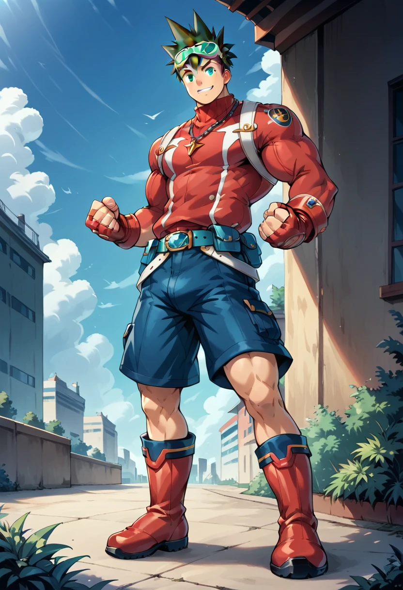 Highest quality,Best Quality, huge muscles, huge erect penis,score_9, score_8_up, score_7_up, score_6_up, detailed, intricate details,best quality ,source_anime,geo stelar , brown hair, brown eyes, goggles, red jacket, necklace, male focus, gloves, boots, fingerless gloves, full body, shorts, goggles on head, belt, spiked hair, smile, clenched hands, standing, knee boots, clenched hand, red gloves, blue shorts, turtleneck, legs apart, blue shorts, red boots, outdoors