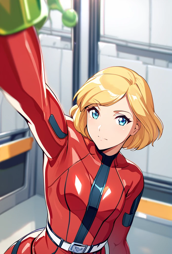 1girl, solo, clover \(totally spies\), blonde hair, short hair, blue eyes, red bodysuit, belt, 