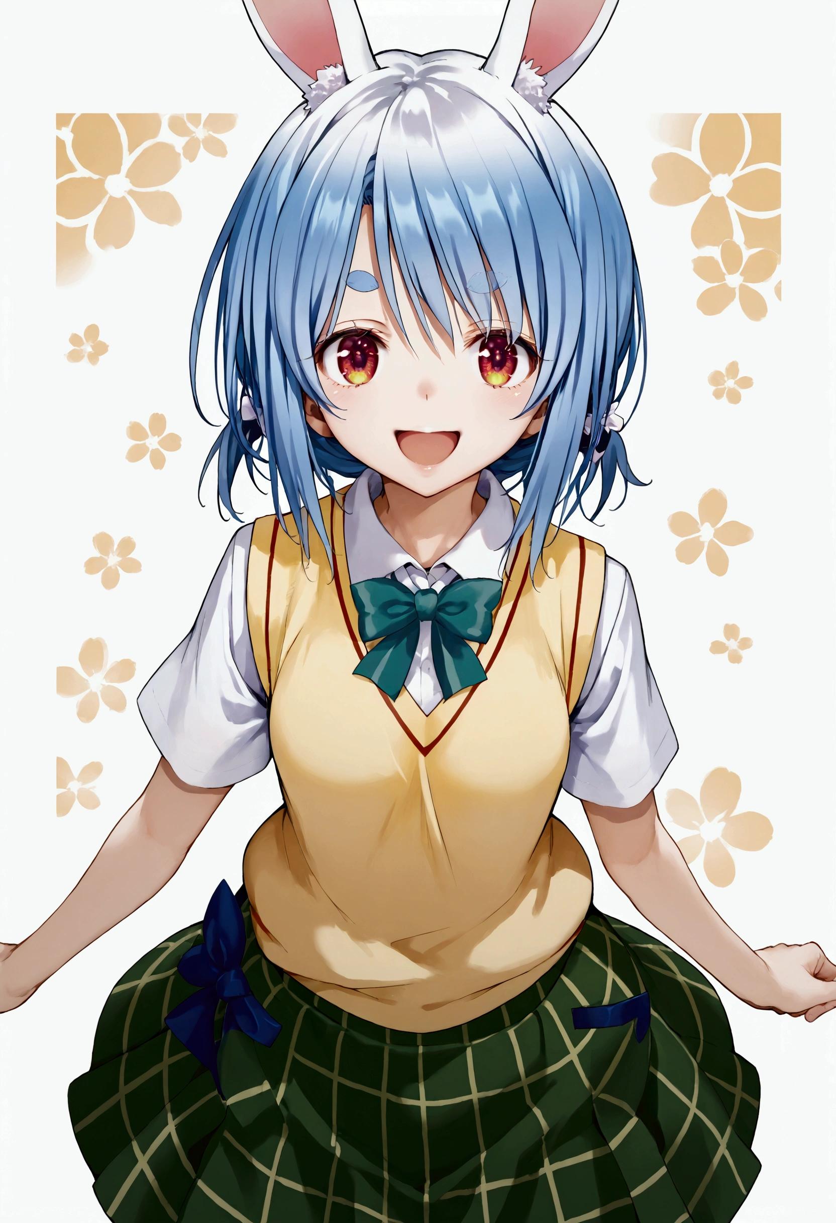 score_9, score_8_up, score_7_up, usada_pekora,1girl,blue hair,smile,thick eyebrows,open mouth,rabbit ears,animal ears,short hair,green skirt, plaid, plaid skirt, sainan high school uniform, school uniform, skirt, shirt, white shirt, sweater vest, yellow sweater vest,smile