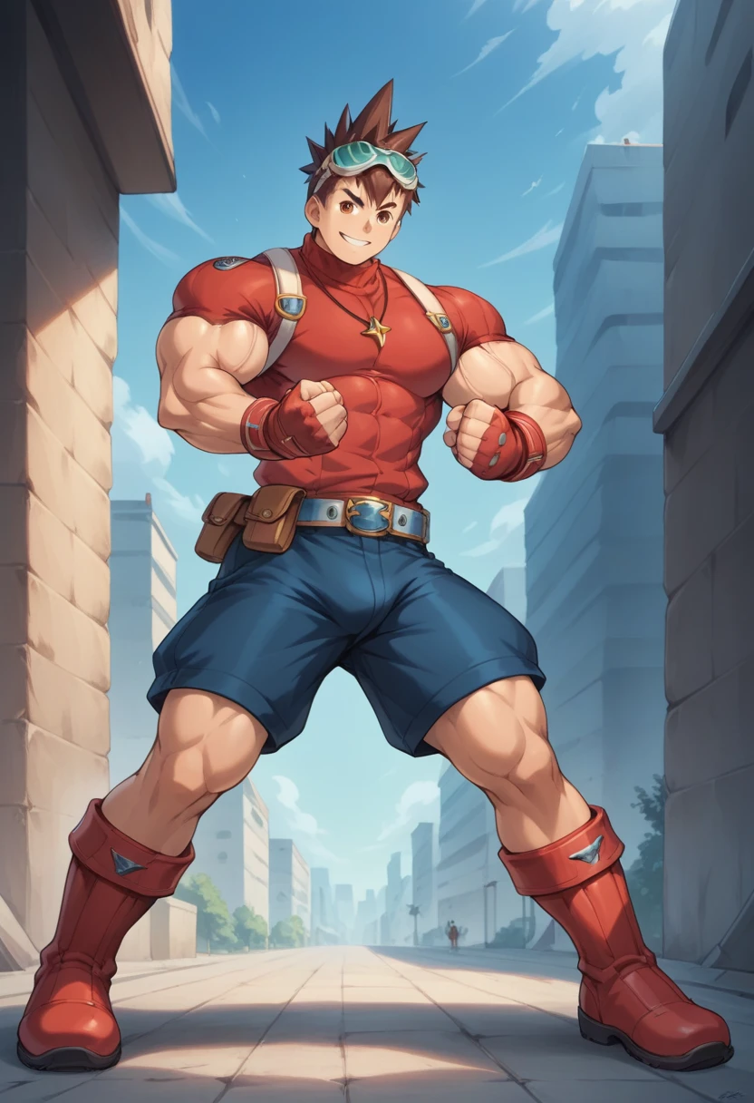 Highest quality,Best Quality,(( huge muscles, huge erect penis,))score_9, score_8_up, score_7_up, score_6_up, detailed, intricate details,best quality ,source_anime,geo stelar , brown hair, brown eyes, goggles, red jacket, necklace, male focus, gloves, boots, fingerless gloves, full body, shorts, goggles on head, belt, spiked hair, smile, clenched hands, standing, knee boots, clenched hand, red gloves, blue shorts, turtleneck, legs apart, blue shorts, red boots, outdoors