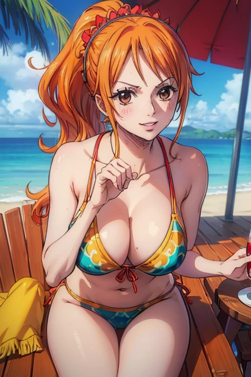  (Masterpiece,Best Quality, 4K, 8k,  Kampala, masterpiece:1.2), Super detailed, (Realistic, photoRealistic, photo-Realistic:1.37) ,Generate an anime style for Nami in One Piece,Must be made in an anime style,Her hair is bright orange, Beautiful Hair型, ponytail, beautiful detail in the eye, (Realisticな肌), Nami tattoo on left shoulder,Beautiful Skin, Beautiful lipstick,Beautiful Lips, Charming,smile,Cute expression, beautiful brown eyes,Beautiful Hair ,Large Breasts, swimsuit, hibiscus headdress, drink tropical juice while enjoying a daytime ocean vacation, beach umbrellas and beach chairs ,Clean palm trees ,アートスタイルはCharmingなアニメスタイルに似ている, rendering,Add HDR for better visual effects , 超 Kampala,  Studio Lighting , Ultra-fine painting, Sharp focus, 物理ベースrendering, professional,  bright colors,(((Best Quality))), ((Super detailed)),((masterpiece:1.5)), Detailed Photos, (Best Quality: 1.4), 超 Kampala, High image quality,Perfect fingers,Perfect limbs,Perfect Fingers