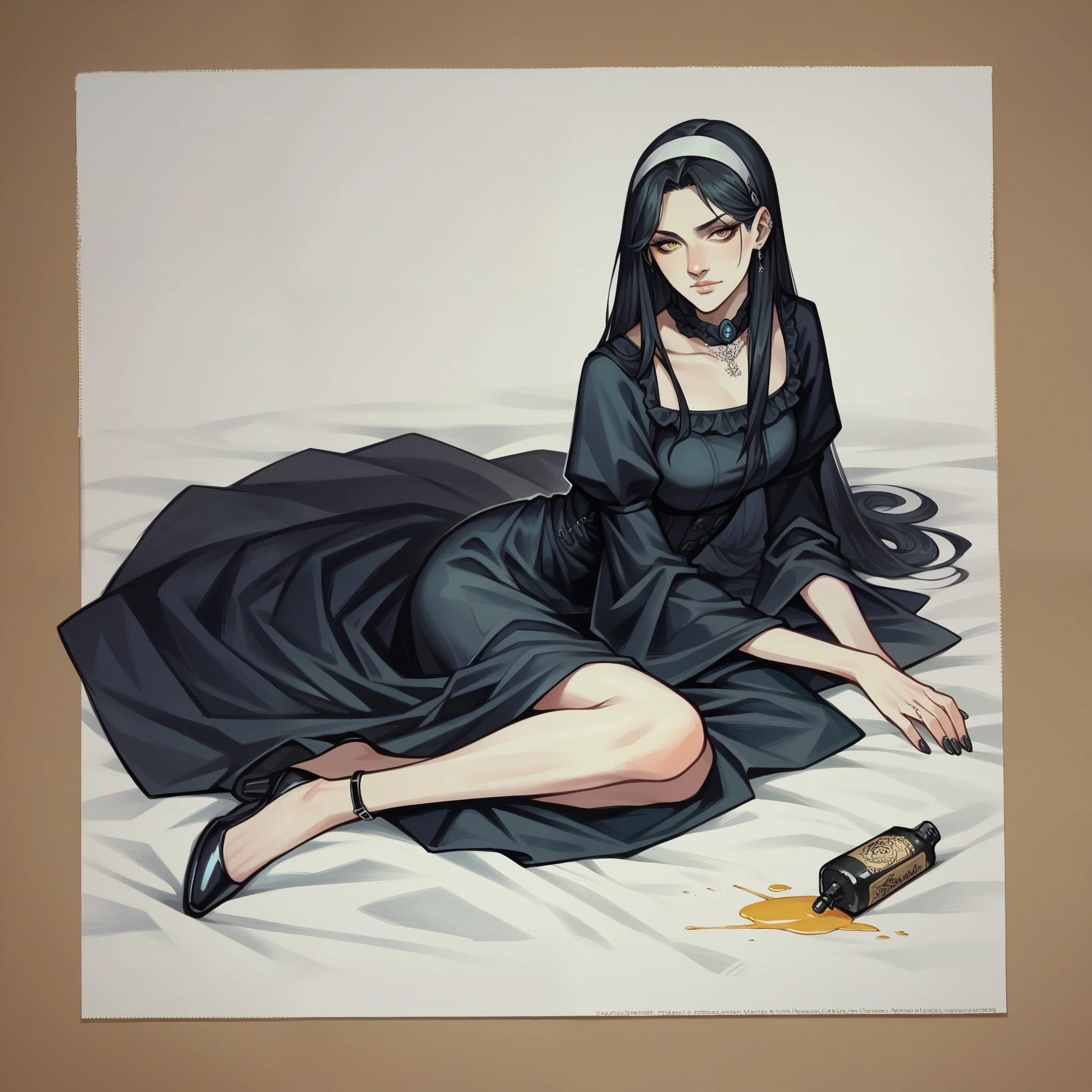 score_9, score_8_up, score_7_up, score_6_up,source_anime,ATLA style, anime 2d, face, lixsberano,   gazing at viewer, conceptual artwork, High aboveper body view, gothic art, oil painting, Traditional media, wearing a modest black dress,