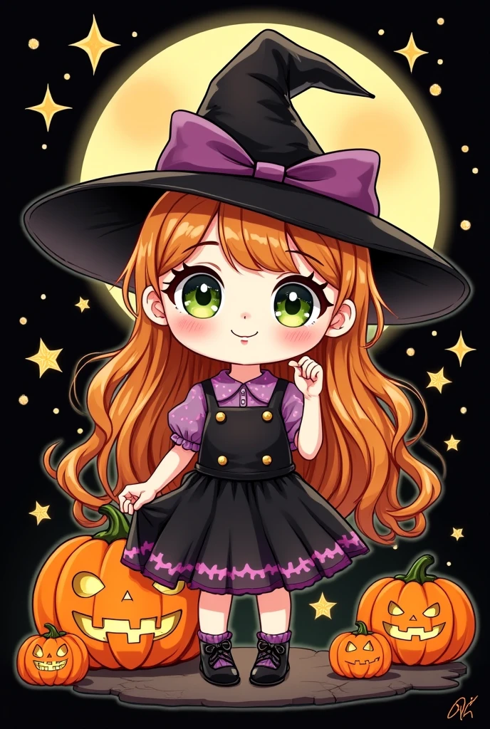 Cartoon illustration style, avatar design, Monet, Rococo, line illustration, hand-drawn illustration, Halloween, Halloween themed Candy Monste, Halloween decoration, fun, chibi style, adorable cute art style, warm, black with 🦇  and moon background. Tittle name Over : Halloween da Angel****nha. The girl with hair more long and green eyes. Fix the hand put the hand hidden back.