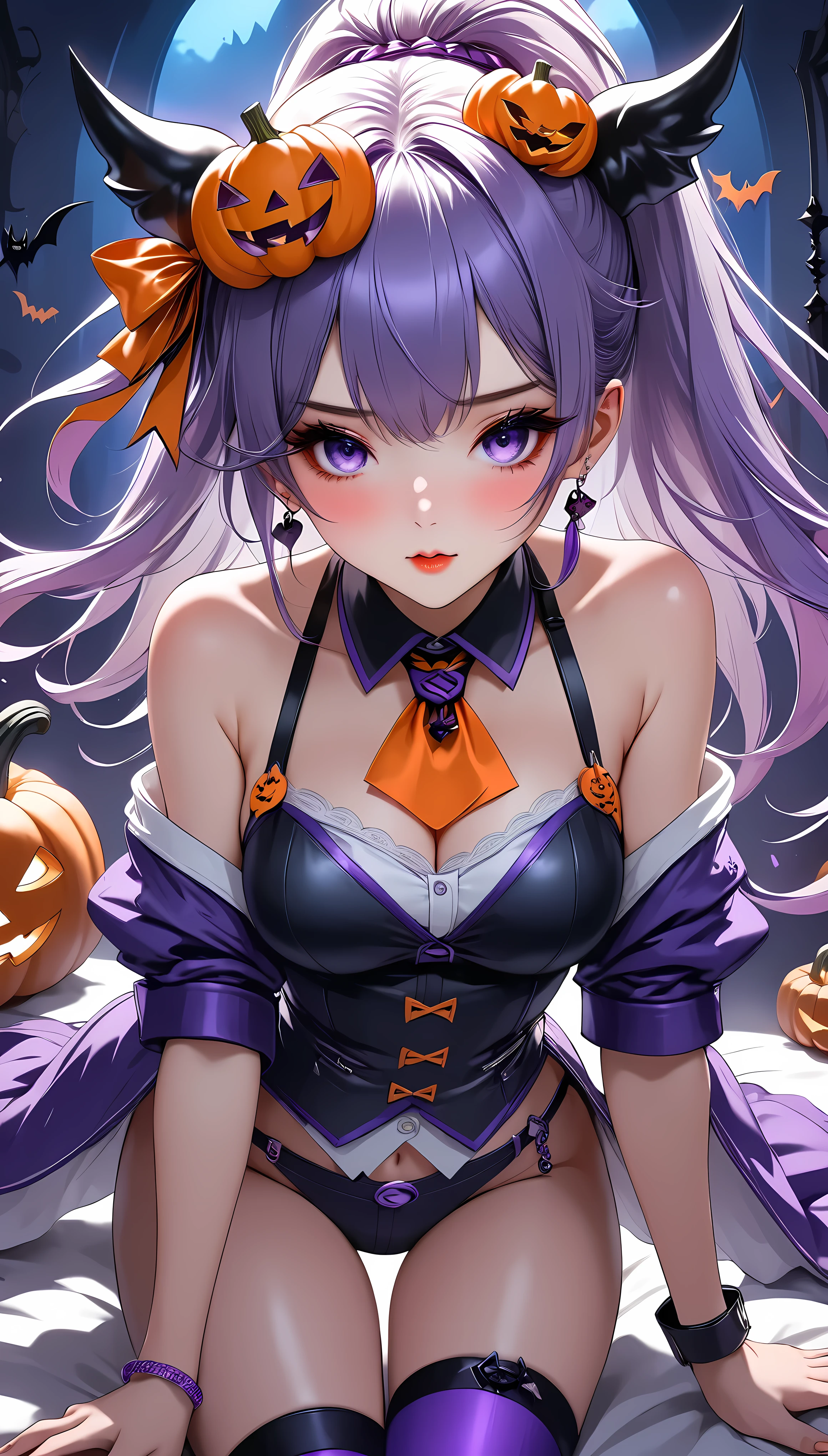 (masterpiece,  best quality :1.2), 1 beautiful girl, Alone, \ characters " atlus"\,  Halloween little devil ,  follows a Halloween ghost , Cute sex appeal ,  Jack-o-lantern adds color ,  transparent purple overlay , ROUGH, 